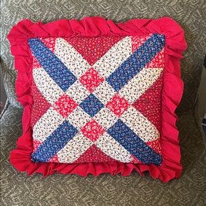 Floral Patchwork Quilt - Red, Blue, and cream decor. Pillow